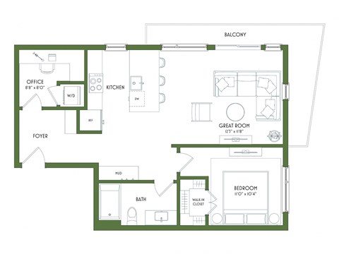 A floor plan of a house with a balcony, office, kitchen, foyer, great room, and two bedrooms.